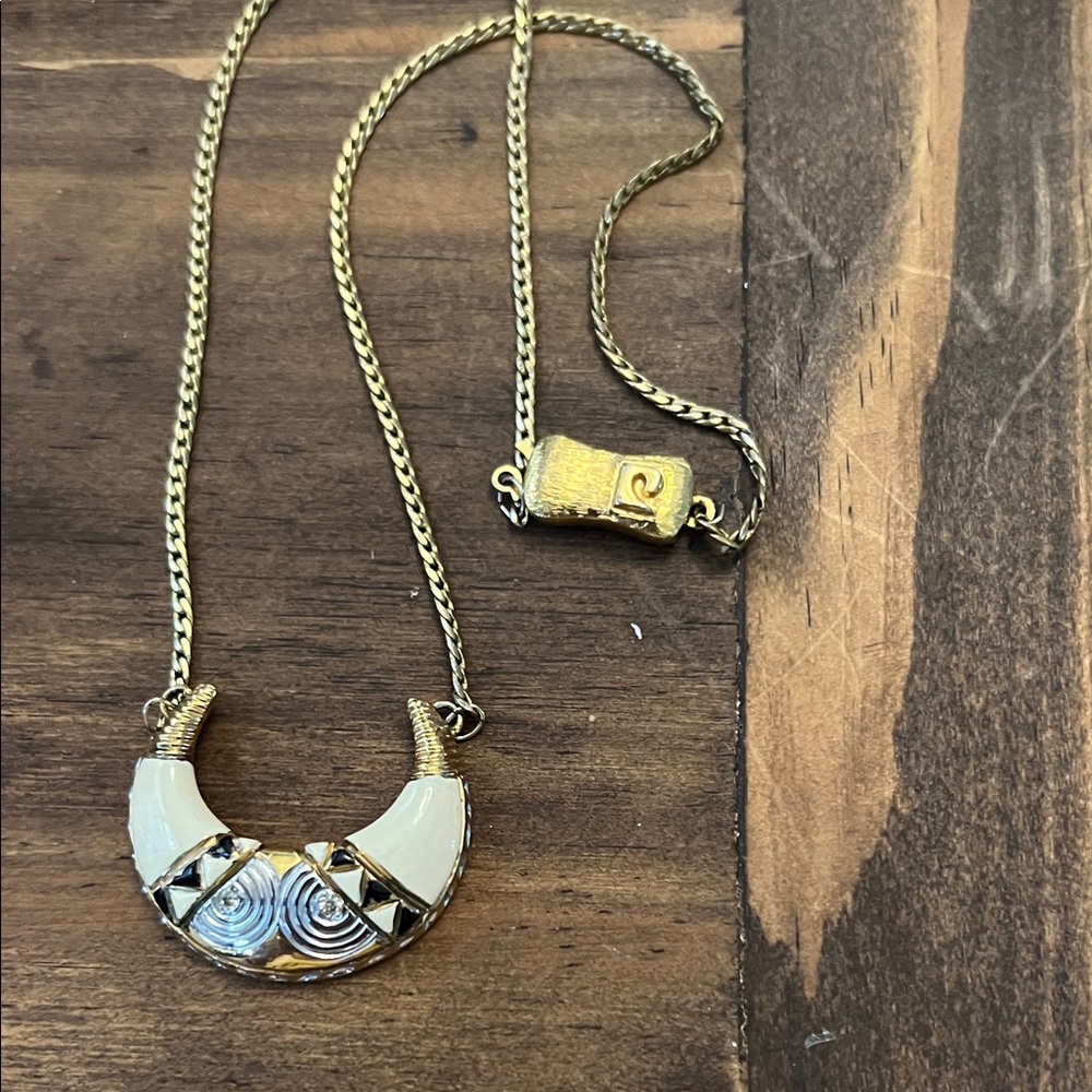 VTG Pierre Cardin Paris Gold and White Crescent Pendant Necklace - Picture 3 of 4